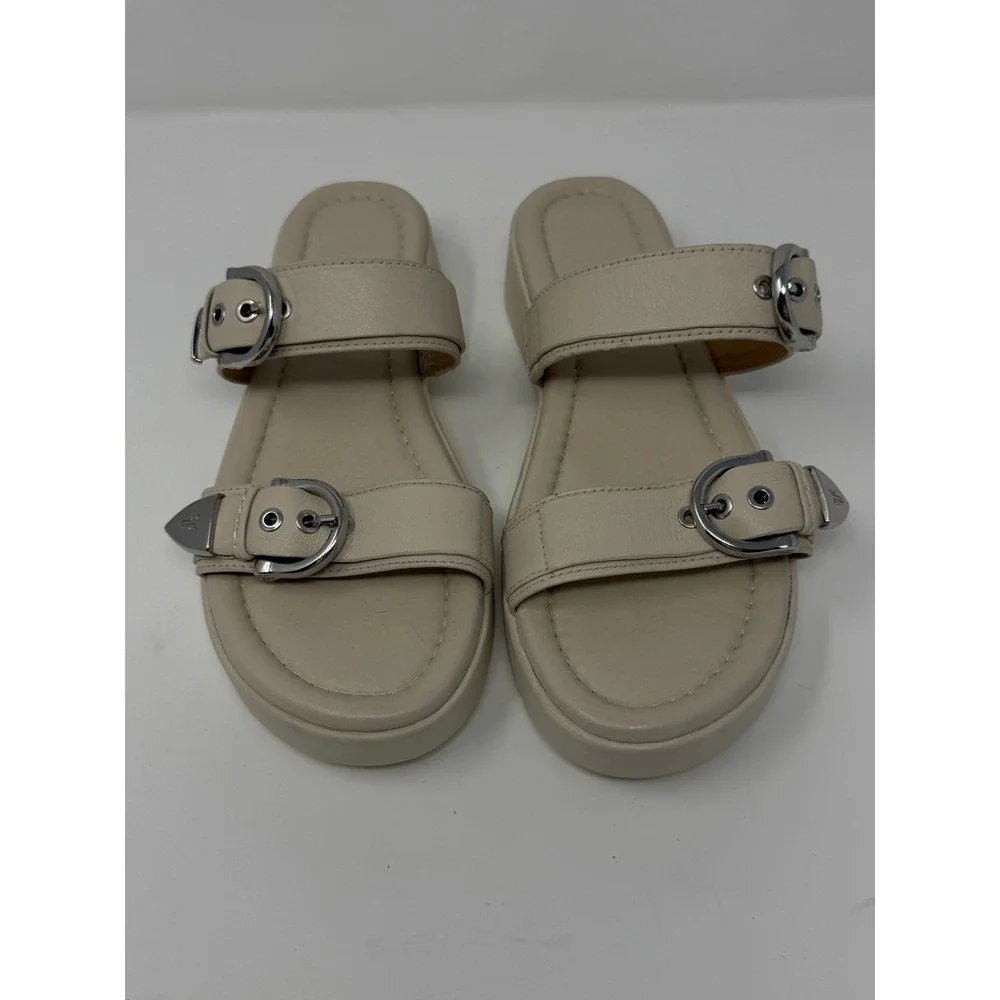 Frye Western Double Buckle Platform Slide Sandal Beige Leather Women Size 8